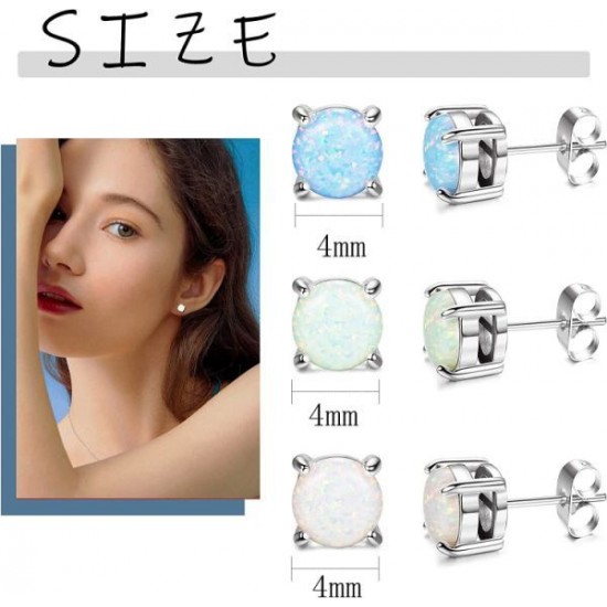 3 Pair Stud Earrings Set For Womens Teens Opal Birthstone Earrings For Sensitive Ears Round Gemstone Ear Stud Gift 4mm 6mm 8mm